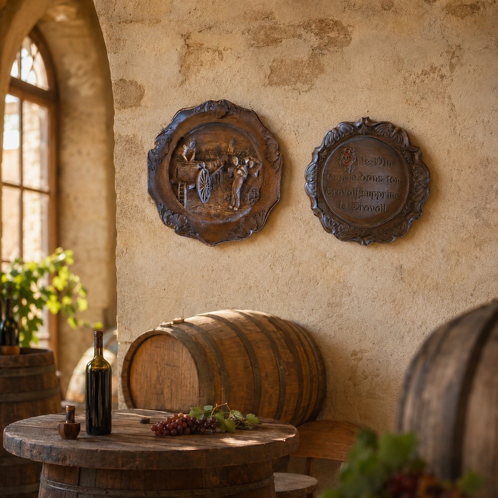 Vintage SIC France Hand-Painted Resin Relief Wall Plaques Set of 2 Wine Harvest